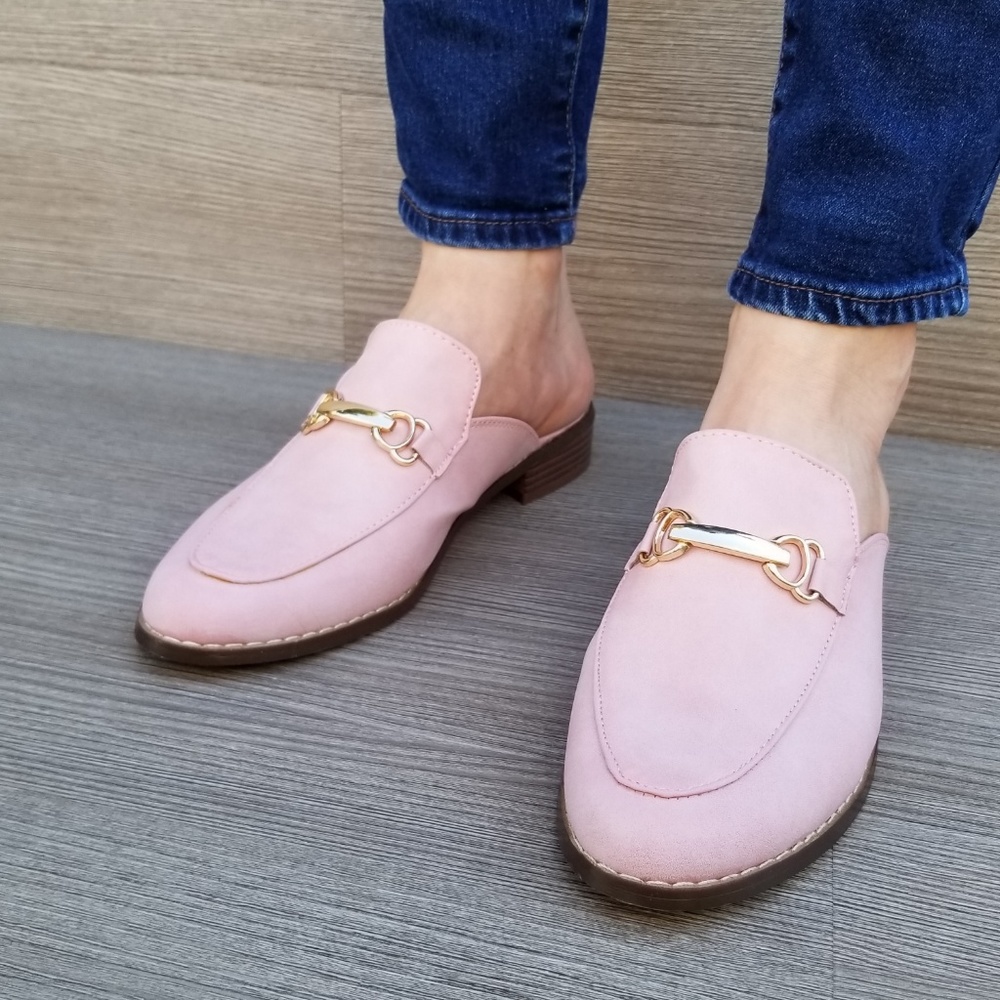 Pink Slip on flat mule loafer W gold buckle_4
